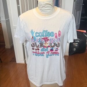 SHEIN White Graphic Tee with Blue and Pink Accents